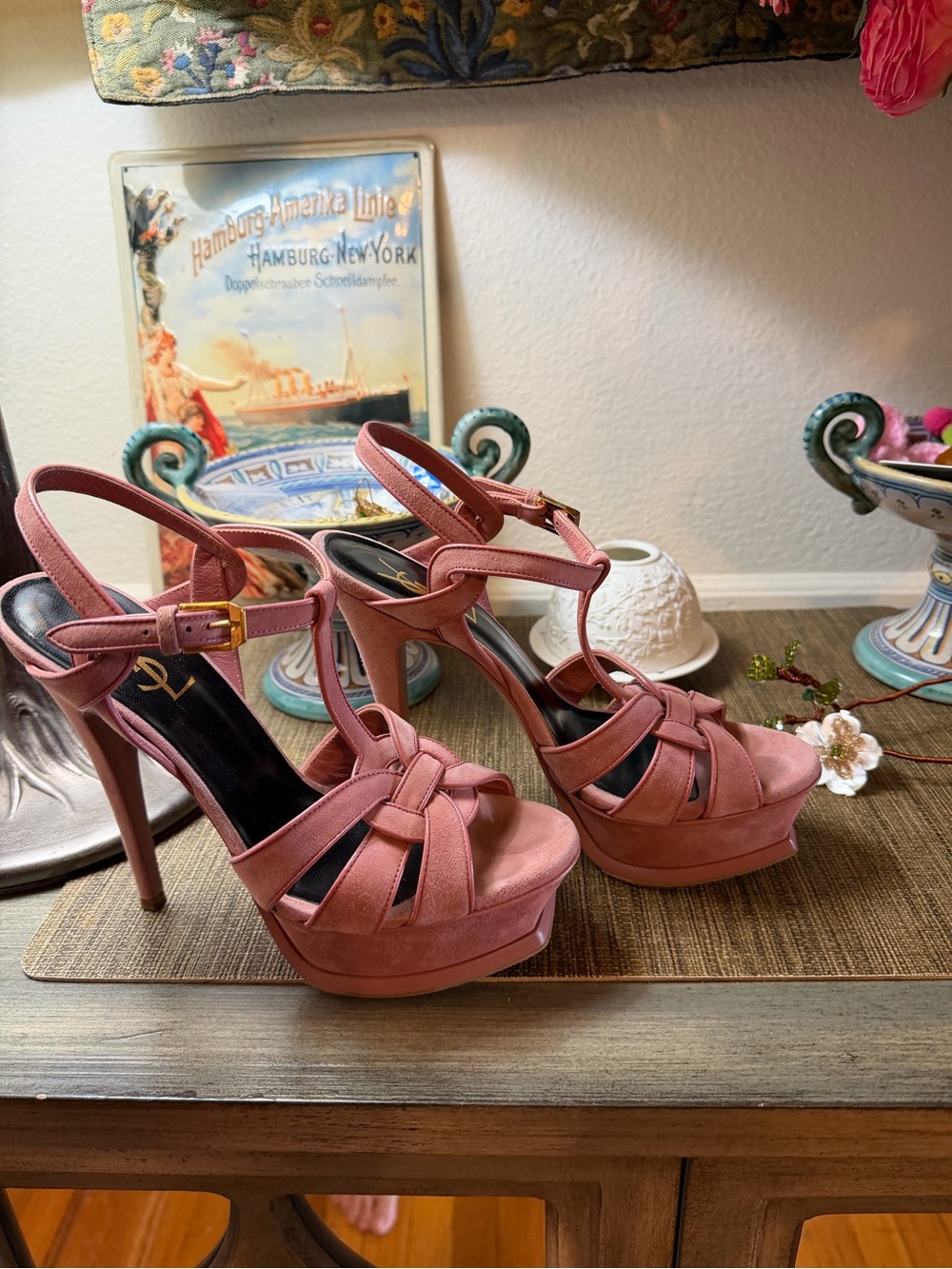 Yves Saint Laurent Rose Suede Platform T-Strap Heels
